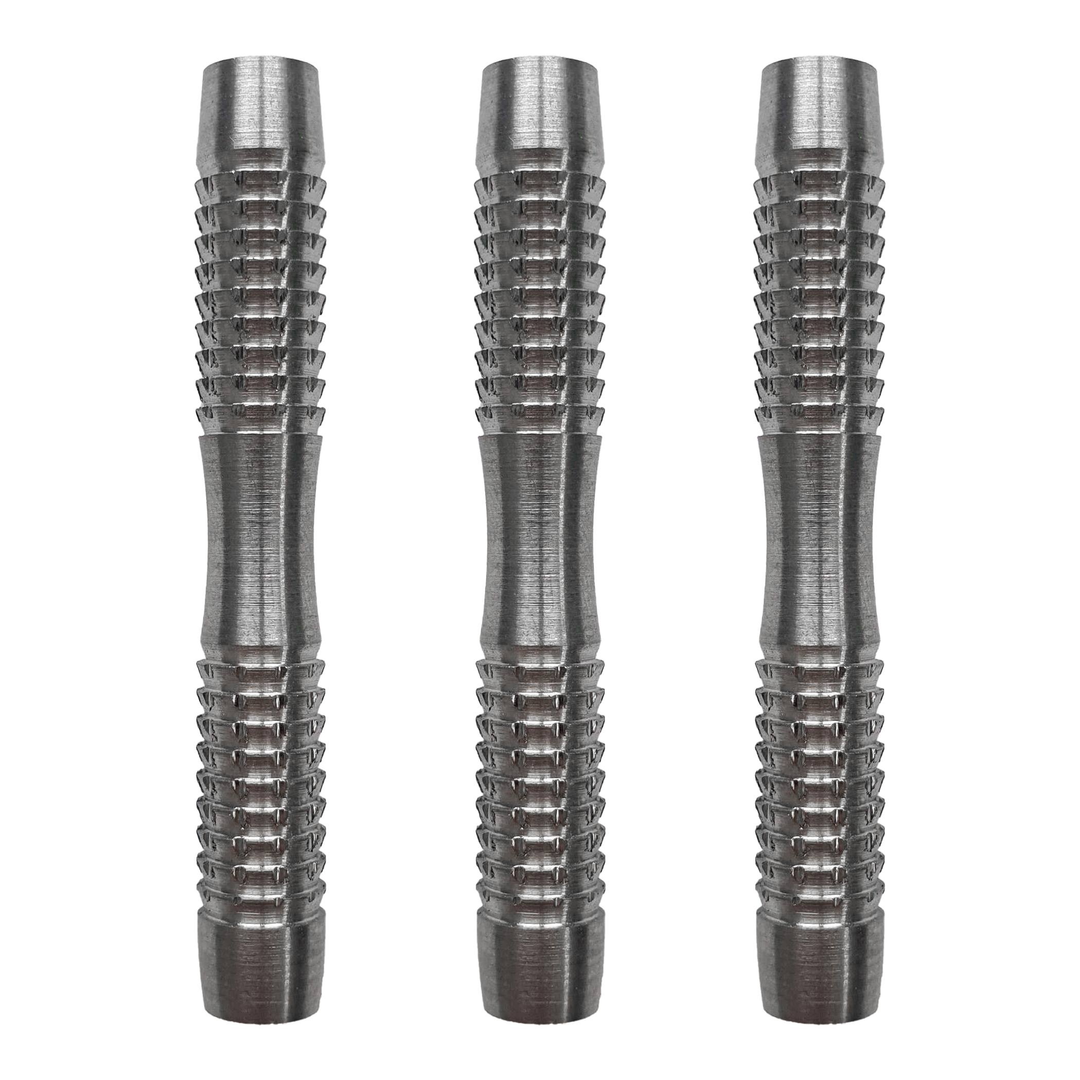 Das Bild zeigt drei silberne McDart Blank Shark Softdart-Barrels. Sie haben eine geriffelte Oberfläche für besseren Halt.